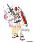 1girl ankle_socks arm_shield artofmiin backpack bag bandaid bandaid_on_knee bandaid_on_leg beam_rifle bike_shorts bike_shorts_under_skirt black_shorts blue_shirt blue_skirt bracelet character_name closed_mouth colored_bangs commentary_request cosplay crossed_bandaids earth_federation_space_forces energy_gun fanny_pack full_body gun gundam hair_between_eyes hair_ornament hairclip highres holding holding_gun holding_weapon jewelry light_smile looking_at_viewer mecha midriff mobile_suit mobile_suit_gundam multicolored_hair navel neckerchief parallel_hairclips red_hair robot rx-78-2_gundam rx-78-2_gundam_(cosplay) shirt shoes short_hair short_sleeves shorts skirt sneakers socks standing trigger_discipline twitter_username two-sided_fabric two-sided_skirt two-tone_hair two-tone_shirt two-tone_skirt v-fin weapon white_background white_hair white_shirt white_shoes yellow_eyes yellow_neckerchief yellow_socks 