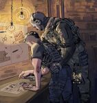  2boys arm_around_another's_waist arm_support belt black_belt black_mask blue_pants brown_hair bulletproof_vest call_of_duty call_of_duty:_modern_warfare_2 camouflage camouflage_pants cobalt_beam commentary english_commentary ghost_(modern_warfare_2) hand_on_another's_hip hanging_light headphones headset highres indoors long_sleeves male_focus map mask mohawk multiple_boys pants paper pointing shelf short_hair skull_mask soap_(modern_warfare_2) standing table tactical_clothes thigh_strap union_jack vest 