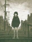  1girl ankle_socks arm_at_side artist_name closed_mouth cloud cloudy_sky commentary_request crowbar drawstring frown full_body green_theme hand_in_pocket hatching_(texture) highres holding holding_crowbar hood hood_down hooded_sweater industrial kensight328 linear_hatching long_sleeves looking_at_viewer monochrome muted_colors on_stairs original outdoors power_lines railing shoes short_hair shorts signature sky sneakers socks solo stairs standing straight-on sweater swept_bangs utility_pole 