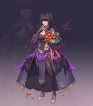  1girl black_background black_hair black_wings blunt_bangs bodystocking bouquet breasts bridal_gauntlets bride cleavage commentary covered_navel dress english_commentary faithom fire_emblem fire_emblem_awakening fire_emblem_heroes flustered full_body gold_shoes gold_trim gradient_background grey_background hand_on_own_face highres holding holding_bouquet long_hair looking_at_viewer medium_breasts nail_polish navel official_alternate_costume red_nails shoes solo standing tharja_(fire_emblem) tharja_(obsessive_bride)_(fire_emblem) tiara two_side_up wedding_dress wings zoom_layer 