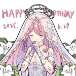 bead_necklace beads bridal_veil closed_eyes closed_mouth commentary_request dated dress flower gloves happy_birthday heaven_burns_red jewelry kk0220 lily_(flower) long_hair necklace own_hands_clasped own_hands_together pink_hair sakuraba_seira sakuraba_seira_(veiled_sanctuary) see-through_clothes see-through_veil upper_body veil wedding_dress white_gloves white_lily 