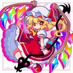  1girl absurdres ascot back_bow blonde_hair bow bright_pupils collared_shirt commentary crystal crystal_wings flandre_scarlet frilled_shirt_collar frilled_skirt frills full_body hat hat_bow highres holding holding_weapon ishiki_nuru laevatein_(touhou) looking_at_viewer mob_cap multicolored_wings one_side_up puffy_short_sleeves puffy_sleeves red_bow red_eyes red_shoes red_skirt red_vest shirt shoes short_sleeves skirt skirt_set solo touhou vest weapon white_bow white_hat white_pupils white_shirt wings yellow_ascot 