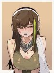  1girl absurdres bandana bandana_around_neck blush breasts commentary_request dripping girls'_frontline highres hot korean_commentary long_hair m4a1_(girls'_frontline) multicolored_hair saliva shell_81mm skull_print summer sweat sweaty_breasts sweaty_clothes tongue tongue_out towel very_sweaty 