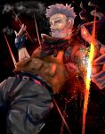  1boy beard belt black_background black_gloves black_scarf blue_eyes brown_vest cargo_pants cigarette commentary_request facial_hair fate/grand_order fate_(series) fatetami fingerless_gloves fire foreshortening gloves grey_hair grey_pants highres holding holding_cigarette male_focus mature_male pants scarf smoke vest william_tell_(fate) 