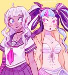  2girls artist_name bead_necklace beads blue_streaks commentary cosplay costume_switch danganronpa_(series) danganronpa_2:_goodbye_despair danganronpa_v3:_killing_harmony dark-skinned_female dark_skin ear_piercing english_commentary face_piercing gloves hair_horns highres in-franchise_crossover jewelry lip_piercing low_twintails mediati0nal-field mioda_ibuki mouth_piercing multicolored_hair multiple_girls navel_piercing neckerchief necklace piercing pink_neckerchief pink_streaks raincoat shell shell_necklace simple_background streaked_hair striped_clothes striped_gloves twintails white_streaks yellow_background yellow_raincoat yonaga_angie 