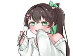  :d absurdres bow brown_hair commentary english_commentary green_bow green_eyes green_hair green_nails hair_bow hair_ornament heart heart_hair_ornament high_side_ponytail highres indie_virtual_youtuber looking_at_viewer miki_kokoa miki_kokoa_(artist) multicolored_hair open_mouth side_ponytail single_off_shoulder sleeves_past_wrists smile streaked_hair teeth tongue two-tone_hair upper_teeth_only virtual_youtuber white_background 