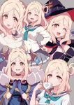  2girls absurdres birthday blonde_hair blush breasts collarbone commentary cream_(nipakupa) cup dual_persona earrings finger_gun fingerless_gloves genjitsu_no_yohane gloves grey_background hat highres horns jewelry large_breasts looking_at_viewer love_live! love_live!_sunshine!! mari_(genjitsu_no_yohane) medium_hair multiple_girls multiple_views ohara_mari one_eye_closed school_uniform teacup upper_body uranohoshi_school_uniform yellow_eyes 