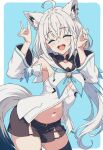  1girl :d ahoge animal_ear_fluff animal_ear_piercing animal_ears armpits arms_up bad_id bad_pixiv_id belt black_belt black_shorts black_thighhighs blue_background blue_bow blue_neckerchief blush border bow braid breasts closed_eyes clothing_cutout collarbone contrapposto cowboy_shot crossed_bangs detached_sleeves dot_nose double-parted_bangs double_fox_shadow_puppet extra_ears fox_ears fox_girl fox_shadow_puppet fox_tail front_slit groin hair_between_eyes highres hololive hood hood_down hooded_vest hoodie long_hair low_ponytail makaro_oekaki midriff navel neckerchief open_mouth outside_border ponytail raised_eyebrows rounded_corners shirakami_fubuki shirakami_fubuki_(1st_costume) short_shorts shorts side_braid sidelocks single_thighhigh skindentation small_breasts smile solo stitches strapless tail teeth thick_thighs thigh_strap thighhighs thighs underboob underboob_cutout upper_teeth_only very_long_hair vest virtual_youtuber wavy_hair white_border white_hair white_sleeves wide_hips wide_sleeves 