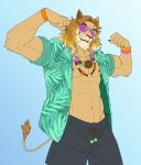  1boy abs animal_ears artist_name bara bead_necklace beads black_shorts claws commentary english_commentary flexing fortnite furry furry_male green_shirt highres jewelry kingston_(fortnite) lion_boy lion_ears lion_mane lion_tail looking_at_viewer male_focus muscular muscular_male necklace nipples one_eye_closed open_clothes open_shirt pectorals rafacr_28 shirt shorts smile sunglasses tail whiskers 