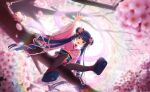 1girl :d arm_up backlighting black_hair black_pantyhose blunt_bangs blurry blurry_background blurry_foreground blush branch cherry_blossoms commentary_request dango day depth_of_field double_bun falling_petals fang floral_print flower food from_below game_asset graduation hair_bun hair_flower hair_ornament hanami highres in_tree japanese_clothes kimono letterboxed long_hair long_sleeves looking_at_viewer motion_blur non-web_source obi official_art open_mouth outdoors pantyhose petals petals_on_liquid pink_flower pink_kimono plum_blossoms red_eyes sanshoku_dango sash self-datamine senju_koyomi shawl shoe_soles sitting sitting_in_tree smile solo spring_(season) tree tube twintails very_long_hair wagashi wide_sleeves world_dai_star 