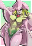 :d absurdres arm_up border breasts commentary cowboy_shot digimon digimon_(creature) english_commentary flower_as_hat flower_wings gradient_background green_hair green_leotard hair_vines highres impossible_clothes impossible_leotard large_breasts leotard lilamon monster_girl multicolored_leotard one_eye_covered open_mouth outside_border petals pink_petals plant_girl plant_hair plant_monster signature simple_background smile solid_eyes solo two-tone_leotard white_border yellow_leotard zaviour 