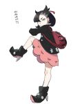  1girl aqua_eyes asymmetrical_bangs backpack bag black_boots black_hair black_jacket boots closed_mouth commentary_request dress eyelashes full_body hair_ribbon high_heel_boots high_heels highres jacket kajika_(kazika_mtk16) long_sleeves marnie_(pokemon) medium_hair pink_dress pokemon pokemon_sword_and_shield red_bag red_ribbon ribbon simple_background solo standing standing_on_one_leg translation_request twintails undercut white_background 