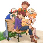  1girl 3boys ash_ketchum baseball_cap black_hair blue_jacket blue_pants boots brock_(pokemon) brown_boots brown_hair closed_eyes closed_mouth commentary_request denim elbow_rest facing_viewer gary_oak gloves green_gloves hat high_side_ponytail highres jacket jeans looking_at_viewer misty_(pokemon) multiple_boys on_bench open_mouth orange_hair orange_shirt pants pikachu pokemon pokemon_(anime) pokemon_(classic_anime) pokemon_(creature) purple_shirt shirt short_hair side_ponytail sitting sitting_on_lap sitting_on_person smile spiked_hair standing suspenders tank_top togepi umebosibakari2 w white_background yellow_tank_top 