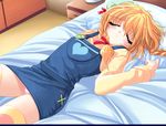  1girl bed blonde_hair blush downhill_night emily_(artist) emily_(pure_dream) eyes_closed game_cg kotosato_yuuna lying pillow top_(company) twintails 