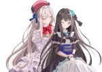 2girls absurdres arcaea beret black_bow black_bowtie black_dress black_eyes black_hair black_wrist_cuffs blue_butterfly blue_flower bow bowtie bug butterfly closed_eyes collared_dress dress flower frilled_dress frills hair_flower hair_ornament hat highres hikari_(arcaea) hoshihan_hoshi_han juliet_sleeves layered_dress long_hair long_sleeves multicolored_dress multiple_girls neck_flower one_eye_closed pink_butterfly pink_hat puffy_sleeves red_bow red_bowtie simple_background smile tairitsu_(arcaea) very_long_hair white_background white_dress white_hair wrist_cuffs 