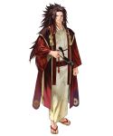  1boy alternate_costume brown_eyes brown_hair fan fire_emblem fire_emblem_heroes fire_emblem_if full_body highres japanese_clothes kimono kita_senri long_hair male_focus nintendo official_art ponytail ryouma_(fire_emblem_if) sandals solo transparent_background 