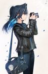  1girl absurdres advarcher alternate_costume bag black_hair black_jacket blue_eyes blue_hair blue_pants blue_shirt boros_(ouro_kronii) breasts camera camera_around_neck closed_mouth commentary denim hair_intakes highres holding holding_camera hololive hololive_english jacket long_hair long_sleeves multicolored_hair open_clothes open_jacket ouro_kronii pants shirt shoulder_bag simple_background solo taking_picture virtual_youtuber 