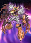  1boy amputee assault_visor aura broken_horn cape chiisana_kyojin_microman:_uborg_senki_2010 commentary_request crack damaged dark_aura exposed_internal_machinery full_body ghostflame glowing glowing_eye highres horns humanoid_robot looking_at_viewer male_focus mechabare microman official_artist_extra orange_cape oyomesandazo planet red_eyes robot solo space standing star_(sky) torn_cape torn_clothes 