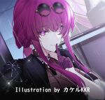  1girl artist_name black_jacket closed_mouth commentary_request earrings eyewear_on_head finger_to_mouth gloves honkai:_star_rail honkai_(series) index_finger_raised jacket jacket_on_shoulders jewelry kafka_(honkai:_star_rail) looking_at_viewer portrait purple_eyes purple_gloves purple_hair rain shushing single_earring smile solo spider_web_print srpzk 