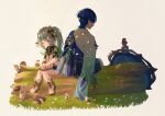  1boy 1girl animal_print anklet armlet asymmetrical_sidelocks belt bird bird_print black_belt black_shorts bloomers blue_cape blue_hair blue_hat blue_jingasa blunt_ends bracelet cape closed_eyes closed_mouth commentary_request detached_sleeves diorama dress facing_away facing_down facing_to_the_side finch flower fox full_body furisode gem genshin_impact gold gold_anklet gold_armlet gold_bracelet gold_trim grass green_gem green_hair green_sleeves hair_between_eyes hair_ornament hakama hakama_shorts hands_on_own_thighs hat highres japanese_clothes jewelry jingasa kimono knees_together_feet_apart leaf leaf_hair_ornament log long_hair moss multicolored_hair nahida_(genshin_impact) own_hands_together pleated_shorts pointy_ears purple_rope purple_sash rope sanotr_gnsn sash scaramouche_(genshin_impact) short_dress short_sleeves shorts side_cape side_ponytail sidelocks signature sitting_on_log smile socks split_mouth squirrel stirrup_footwear streaked_hair tassel toenails twitter_username unworn_headwear wanderer_(genshin_impact) white_background white_bloomers white_dress white_flower white_hair white_sleeves white_socks white_trim 