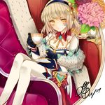  alternate_costume bad_id bad_pixiv_id cake checkerboard_cookie cookie cup elsword eve_(elsword) flower food forehead_jewel gloves hairband meow pantyhose plate sitting solo teacup teapot white_legwear 