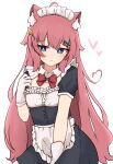  1girl :o ahoge animal_ear_fluff animal_ears apron black_dress blue_eyes blush bow commentary_request dress frilled_apron frills gloves hair_between_eyes hair_ornament hairclip hand_up heart highres long_hair maid maid_headdress nyaha original parted_lips pink_hair puffy_short_sleeves puffy_sleeves red_bow short_sleeves simple_background solo very_long_hair white_apron white_background white_gloves 