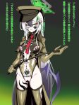  1girl absurdres alternate_costume alternate_halo black_hair blue_archive bodypaint breasts bronger_z brown_coat chest_tattoo clitoral_piercing coat commentary_request commission corruption cosplay dark_persona demon_wings ear_piercing elbow_gloves facial_tattoo gloves green_eyes hair_between_eyes halo hat highres holding holding_riding_crop holding_whip kaiser_pmc_(blue_archive) kayoko_(blue_archive) leotard long_hair looking_at_viewer low_wings medium_breasts military_hat multicolored_hair navel navel_piercing necktie nipple_bar nipple_cutout nipple_piercing nipple_rings nipples non-web_source open_mouth peaked_cap piercing pixiv_commission pubic_tattoo pussy_piercing red_necktie riding_crop ring_piercing single_wing small_breasts smile solo standing tattoo thighhighs two-tone_hair variant_set very_long_hair whip white_hair wings 