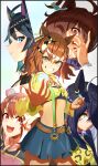  5girls agnes_tachyon_(tach-nology)_(umamusume) agnes_tachyon_(umamusume) ahoge animal_ears bandeau black_choker black_coat black_hair black_jacket black_shirt black_shrug blue_eyes blue_skirt braid breasts brown_eyes brown_hair checkered_ribbon choker closed_mouth coat collared_shirt commentary_request covering_own_mouth dantsu_flame_(center_spotlight)_(umamusume) dantsu_flame_(umamusume) ear_covers ear_tag earrings fuji_kiseki_(shooting_star_revue)_(umamusume) fuji_kiseki_(umamusume) ginmusou373 grin hair_between_eyes hair_ornament hairclip half_up_braid hand_over_own_mouth highres horse_ears horse_girl horse_tail jacket jewelry jungle_pocket_(champion's_battle_cry)_(umamusume) jungle_pocket_(umamusume) lab_coat long_hair long_hair_between_eyes long_sleeves manhattan_cafe_(creeping_shadow)_(umamusume) manhattan_cafe_(umamusume) medium_hair midriff multicolored_hair multiple_girls navel necklace necktie notched_ear open_clothes open_mouth red_eyes shirt short_hair short_necktie shrug_(clothing) single_earring skirt sleeves_past_wrists small_breasts smile suspender_skirt suspenders sweater tail teeth umamusume umamusume:_beginning_of_a_new_era white_coat white_hair white_shirt yellow_bandeau yellow_eyes yellow_jacket yellow_necktie yellow_sweater 