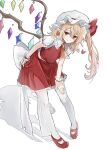  1girl ascot back_bow blonde_hair bow closed_mouth collared_shirt commentary crystal crystal_wings ebuna flandre_scarlet frilled_shirt_collar frilled_wrist_cuffs frills hat hat_ribbon heart highres looking_at_viewer mob_cap multicolored_wings one_side_up pointy_ears puffy_short_sleeves puffy_sleeves red_eyes red_shoes red_skirt red_vest red_wrist_cuffs ribbon shadow shirt shoes short_sleeves simple_background skirt skirt_set smile solo thighhighs touhou vest white_background white_bow white_hat white_shirt white_thighhighs wings wrist_cuffs yellow_ascot 
