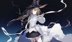  1girl :o absurdres amiya_(arknights) amiya_(guard)_(arknights) amiya_(guard)_(in_a_myriad_of_universes)_(arknights) animal_ears arknights black_hat black_skirt brown_hair chi_chi_(lofter_2016543390) chinese_commentary closed_eyes commentary cowboy_shot ears_through_headwear floating_hair frilled_shirt_collar frills gradient_background hat highres jewelry large_hat long_hair low-tied_long_hair miniskirt multiple_rings official_alternate_costume open_mouth puffy_sleeves rabbit_ears rabbit_girl ring shirt single_sleeve skirt sky solo space star_(sky) striped_clothes striped_shirt thigh_strap vertical-striped_clothes vertical-striped_shirt white_shirt 