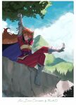  1girl arm_above_head boots commentary double-parted_bangs english_commentary full_body hair_between_eyes hair_intakes highres knee_boots lina_inverse long_hair looking_at_viewer mountain nyantcha one_eye_closed orange_hair pants red_eyes red_pants red_shirt shirt sitting slayers solo stretching tree v white_boots 