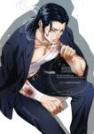  1boy angeal_hewley bandaged_torso bandaged_wrist bandages bandaid bandaid_on_cheek bandaid_on_face beard belt black_belt black_hair black_jacket black_pants black_suit blood blood_on_bandages blue_eyes chinstrap_beard cigarette commentary_request crisis_core:_final_fantasy_vii facial_hair final_fantasy final_fantasy_vii furrowed_brow holding holding_lighter jacket jacket_on_shoulders lighter male_focus mature_male pants parted_bangs shakunage1 short_hair sideburns smoke smoking solo suit twitter_username white_background 