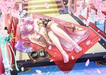  breasts bridge cherry_blossoms cleavage hadi highres japanese_clothes kimono legs lying medium_breasts on_side petals pink_hair saigyouji_yuyuko sleeping solo tabi touhou 