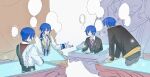  25-ji_kaito 4boys akiyama_mizuki aoyagi_touya arm_support blue_eyes blue_hair bow bowtie buttons cardigan cellphone chinese_commentary closed_mouth collared_shirt commentary_request double-parted_bangs hair_between_eyes hand_up heart highres holding holding_phone just1_box kaito_(vocaloid) kamishiro_rui layered_clothes leo/need_kaito long_sleeves looking_at_another male_focus multiple_boys multiple_persona necktie notice_lines open_cardigan open_clothes open_mouth phone project_sekai red_necktie school_uniform shirt short_hair smartphone speech_bubble tenma_saki vivid_bad_squad_kaito vocaloid white_background white_bow white_bowtie wing_collar wonderlands_x_showtime_kaito 