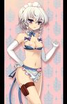  apron blush bow bra braid breasts detached_collar elbow_gloves gloves hair_bow hanao_(kuma-tan_flash!) hand_on_hip izayoi_sakuya maid maid_headdress medium_breasts navel nipples pillarboxed purple_eyes shelf_bra silver_hair solo thigh_strap touhou twin_braids underwear waist_apron 