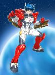  1boy arm_mounted_weapon armored_boots arthur_(microman) blue_hair boots brown_eyes chiisana_kyojin_microman:_uborg_senki_2010 clenched_hand commentary_request fighting_stance full_body highres legs_apart looking_at_viewer male_focus microman official_artist_extra open_mouth oyomesandazo planet solo space standing star_(sky) 