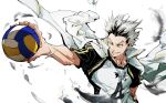  1boy ball black_hair bokuto_koutarou closed_mouth commentary falling_feathers feathers fukurodani_volleyball_uniform haikyuu!! highres holding holding_ball jacket jacket_on_shoulders male_focus multicolored_hair roots_(hair) short_hair simple_background solo sportswear teeth track_jacket two-tone_hair untranslatable_commentary upper_body volleyball_(object) volleyball_uniform white_background white_hair white_jacket yellow_eyes yuan_jessie0430 