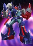  arm_cannon chest_cannon chiisana_kyojin_microman:_uborg_senki_2010 commentary_request dual_arm_cannons full_body giant_acroyear_zero highres horns mecha mecha_focus microman missile no_humans official_artist_extra oyomesandazo planet robot solo space standing star_(sky) weapon yellow_eyes 