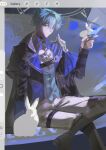  1boy armor belt belt_collar black_belt black_boots black_gloves blue_shirt boots choker coat collar collared_shirt crossed_legs genshin_impact gloves green_hair hair_between_eyes hair_intakes hand_up highres holding holding_weapon kkahow knife lohen_(genshin_impact) long_sleeves looking_at_viewer male_focus mole mole_under_eye multicolored_eyes pants rabbit shirt short_hair shoulder_armor sitting solo thigh_strap user_interface weapon white_pants 