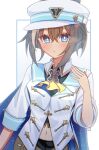  1girl animal_ears blue_eyes blush breasts brown_hair cape cheval_grand_(grand_itineraire)_(umamusume) cheval_grand_(umamusume) commentary_request gloves hair_between_eyes hat highres horse_ears horse_girl looking_at_viewer m_(pixiv_98360957) medium_breasts navel parted_lips revision shorts simple_background solo umamusume white_background 