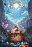  1girl absurdres apple atelier_(series) atelier_karia bare_shoulders benitama black_gloves black_skirt cauldron coat eating food fruit gloves highres holding holding_food holding_fruit horn_ornament horns karia_(atelier) long_hair looking_at_viewer navel official_art red_coat ribbon skirt solo white_hair 
