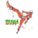  1girl anklet armlet bandeau barefoot bracelet breasts calflet capoeira character_name commentary dark-skinned_female dark_skin dynamic_pose earrings elena_(street_fighter) english_commentary english_text full_body highres jewelry kicking light-skinned_palms light-skinned_soles long_legs motion_lines navel neal_d._anderson neck_ring short_hair simple_background solo street_fighter street_fighter_iii_(series) tall_female toes toned toned_female white_background white_bandeau white_hair 