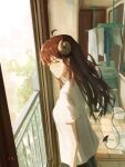  1girl absurdres ahoge closed_eyes commentary curled_horns dated day demon_girl demon_horns demon_tail doorway from_side gate grin half-closed_eyes highres horns indoors laundry long_hair looking_at_viewer machikado_mazoku mayoo03 red_eyes red_hair shirt short_sleeves sidelighting smile solo tail teeth tile_floor tiles timestamp white_shirt yoshida_yuuko 