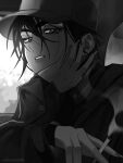  1girl alien_stage artist_name commentary english_commentary greyscale hat head_rest highres hyuna_(alien_stage) jacket kusunokiii looking_at_viewer monochrome parted_lips short_hair solo 