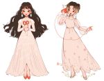  2girls black_lips blonde_hair blunt_bangs blush brown_hair closed_mouth commentary dress earrings full_body hair_bun high_heels holding holding_scissors jewelry joy_(red_velvet) long_dress long_hair long_sleeves multiple_girls pink_dress red_lips red_velvet_(group) scissors see-through_clothes see-through_sleeves seulgi_(red_velvet) sidelocks simple_background string vicki_tsai white_background 