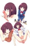  1boy 1girl armband black_shoes blue_suit blush bow bowtie breasts brown_pants brown_shoes censored closed_eyes clothed_sex collarbone commentary_request completely_nude fellatio grey_skirt handjob hetero higashiyama_akisa highres licking licking_penis looking_at_another looking_at_penis looking_at_viewer magicami mosaic_censoring multiple_views naked_shirt nijie_216318 nipples nude open_clothes open_mouth open_shirt oral pants penis precum purple_eyes purple_hair pussy red_armband red_bow red_bowtie school_uniform sex shirt shoes short_hair simple_background skirt small_breasts smile socks solo_focus spread_legs suit tongue vaginal white_background white_shirt white_socks 