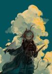  1girl absurdres ammunition_pouch antenna_hair arknights black_pants black_scarf black_shirt blue_sky cape cloud commentary cumulonimbus_cloud dagger day demon_girl demon_horns demon_tail floating_clothes floating_hair grey_cape grey_hair hair_between_eyes highres holding holding_dagger holding_knife holding_weapon horns knife light_frown looking_down official_alternate_costume outdoors pants pouch red_horns ri_zhong scarf shirt sky solo tactical_clothes tail w_(arknights) w_(mercenary)_(arknights) weapon yellow_eyes 