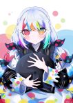  1girl absurdres artist_name beret black_hat black_jacket bow closed_mouth collared_shirt colored_tips commentary hair_bow hat heterochromia highres holding holding_unworn_clothes holding_unworn_hat jacket jacket_partially_removed jogasaki_noah long_hair long_sleeves looking_at_viewer mahou_shoujo_no_majo_saiban mii_(a3gis_2887) multi-tied_hair multicolored_hair off_shoulder polka_dot polka_dot_background polka_dot_bow polka_dot_skirt red_eyes ribbon shirt signature simple_background skirt sleeve_bow solo streaked_hair twitter_username untranslatable_commentary unworn_hat unworn_headwear upper_body white_background white_hair white_shirt wide_sleeves yellow_eyes 