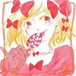 1girl :p beret blonde_hair bow candy colored_eyelashes commentary dress erde3104 eyelashes food frilled_dress frilled_sleeves frills gloves hair_bow hat highres holding holding_candy holding_food holding_lollipop jewelry lambdadelta lollipop looking_at_viewer medium_hair multiple_hair_bows necklace partially_colored pink_dress pink_hat puffy_short_sleeves puffy_sleeves red_bow red_eyes short_sleeves simple_background solo swirl_lollipop tongue tongue_out umineko_no_naku_koro_ni white_background 