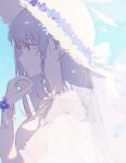  1girl bikini bilibalakonglijiwa bilingual_commentary blue_archive blue_sky braid breasts colored_eyelashes commentary english_commentary flower halo hand_up haori haori_on_shoulders hat hat_flower highres japanese_clothes long_hair looking_ahead medium_breasts mixed-language_commentary nagusa_(blue_archive) nagusa_(swimsuit)_(blue_archive) official_alternate_costume outdoors profile purple_flower shade sky snowflake_halo solo straw_hat sun_hat swimsuit upper_body white_bikini white_eyelashes white_eyes white_hair white_halo white_haori wrist_flower 